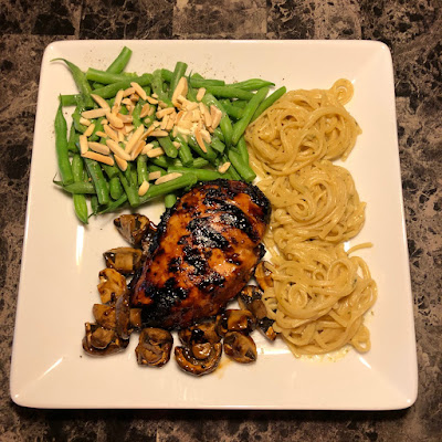 Grilled teriyaki chicken breast with mushrooms, pasta and green beans