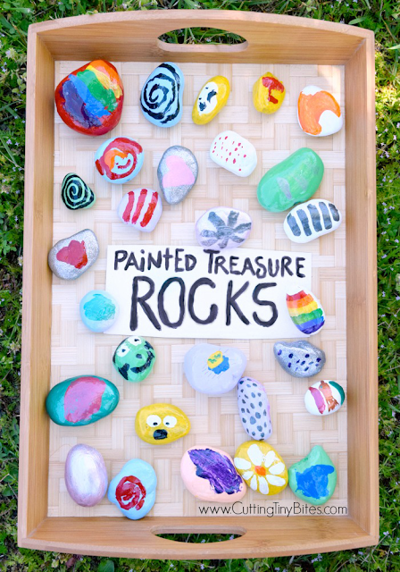 Painted Treasure Rocks- classic kids craft. Let your preschoolers, kindergarteners, or elementary children paint bright designs on rocks. Fun spring or summer activity. Give them away as gifts or decorate your garden!