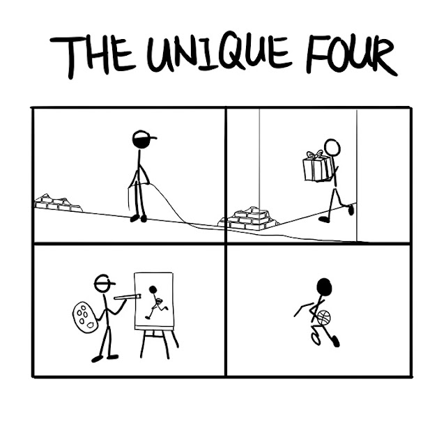 The Unique Four stickmen different characteristics and hobbies