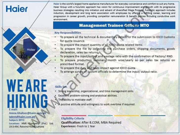 Haier Pakistan Jobs Management Trainee Officer MTO