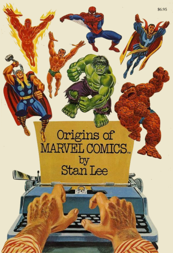 Hands on a typewriter from the viewer's POV, with title on script page, below figures of Thor, Human Torch, Spider-Man, Sub-Mariner, Doctor Strange, Thing, and Hulk