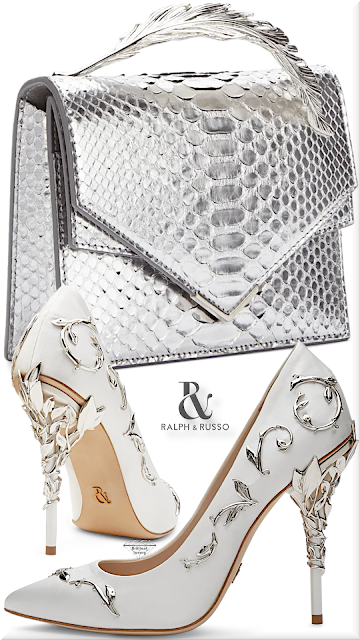 ♦Ralph & Russo white satin Eden pumps with silver leaves & metallic silver python Alina clutch bag #ralphandrusso #shoes #bags #silver #brilliantluxury