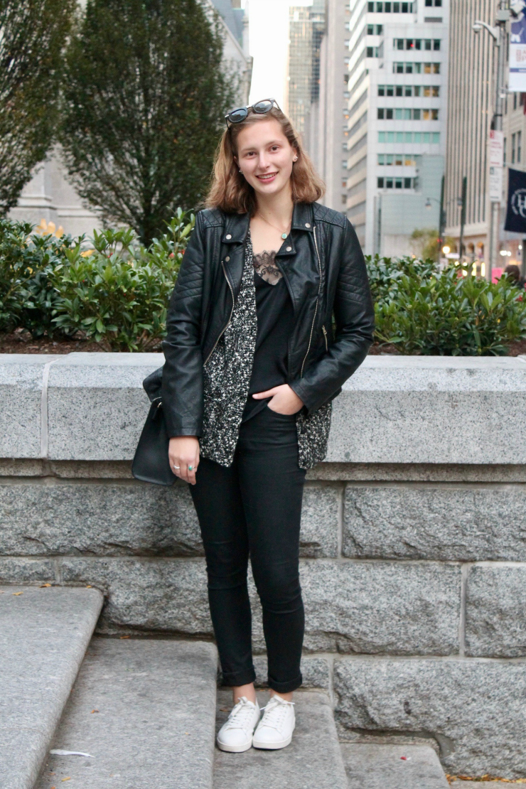 NYC ootd, all black motto jacket, black skinny jeans, lingerie top and black bag + white trainers 