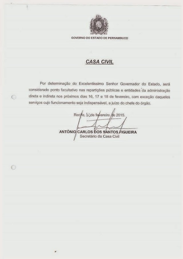 Governo determina pontos facultativos para servidores estaduais no Carnaval de Pernambuco - 2015