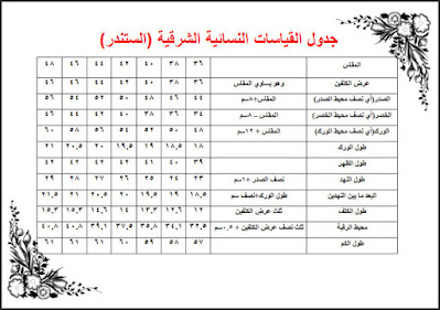 جدول مقاسات السيدة الشرقية الاساسي