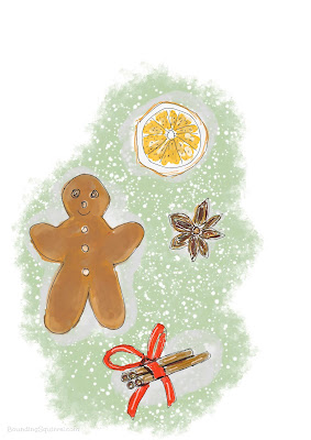 Illustration of a gingerbread man, cinnamon, star snise and an orange slice.