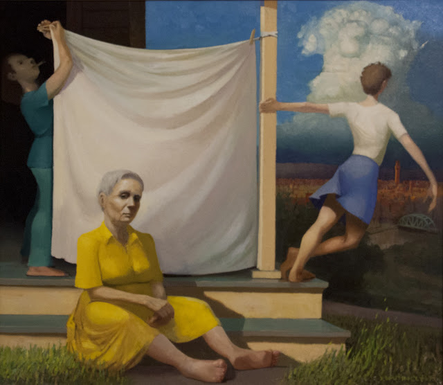 Oil painting of three women on a porch, representing three generations. The daughter looks into the picture, across a valley with an old brick mill town with a Florentine tower. In the distance a thunder cloud looms. The mother is busy hanging a sheet on a clothes line, her gaze directed across the picture. The grandmother looks out of the picture, meeting our eyes with a quizzical expression.