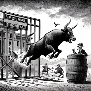 An editorial cartoon of a bull escaping from a pen after the gate has been opened by a Federal Reserve official.