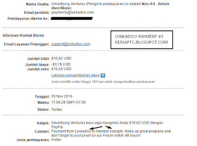 Bukti payout Lynkadoo 3