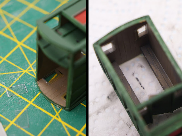 A montage showing the fitting of clear plastic for 'windows', and bench seats inside the brake van.