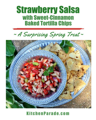 Strawberry Salsa with Sweet-Cinnamon Baked Tortilla Chips ♥ KitchenParade.com, a quick fruit salsa, just strawberries, kiwi and apple, served with easy-baked tortilla chips sprinkled with a little cinnamon sugar.