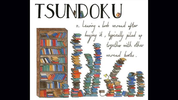 ilustração para Tsundoku. Comprar livros e empilhá-los sem ler    