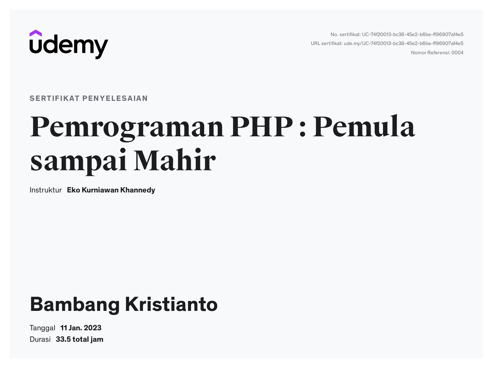 Sertifikat penyelesaian PHP Bambang Kristianto