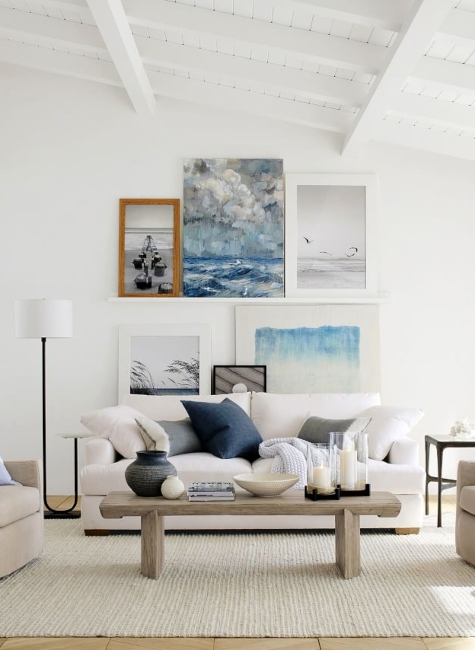 Modern Coastal Living Room Design Idea with Dramatic Ocean Theme Gallery Wall