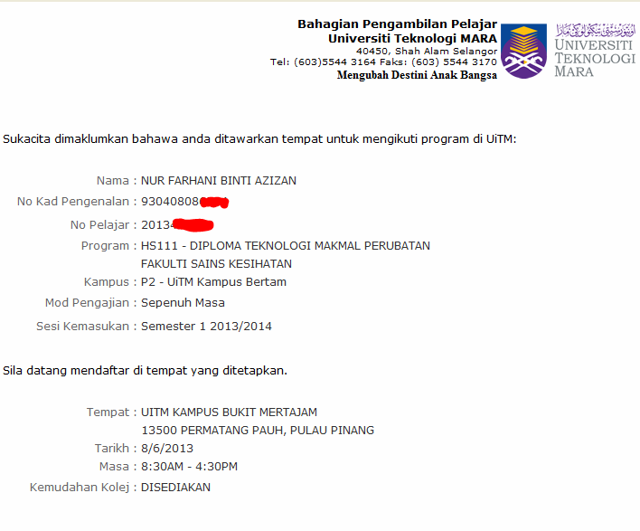 Cetak Semula Surat Tawaran Uitm