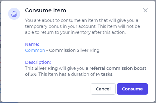 Name:  Common - Commission Silver Ring  //  Description:  This Silver Ring will give you a referral commission boost of 3%. This item has a duration of 14 tasks.