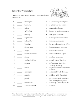 Matching is a fun game for labor day and with this worksheet, children can learn more about labor vocabulary.