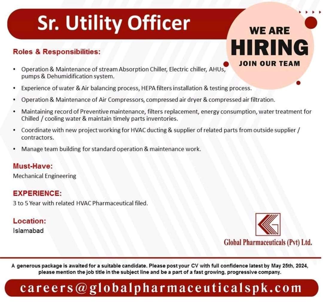 Mechanical Engineer Job at Global Pharmaceuticals Islamabad