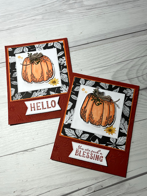 Fall greeting card with pumpkin and leaves using Stampin' Up! Hello Harvest Stamp Set