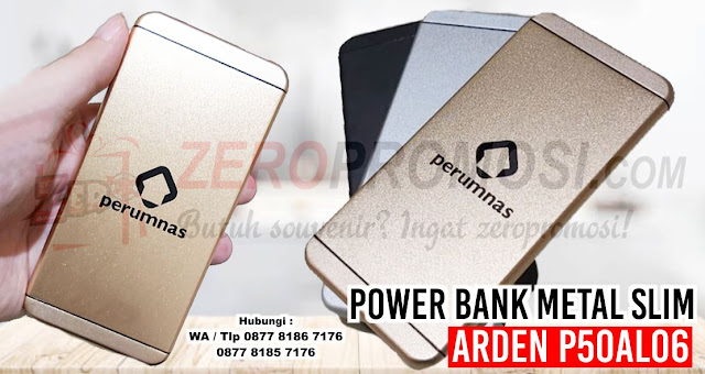 Powerbank Arden 5000 mAH P50AL06, Power Bank Metal Slim Iphone 5000 Mah P50al06, Powerbank 5000 mAH P50AL06 yang tersedia dalam 3 warna: Hitam, Perak dan Emas