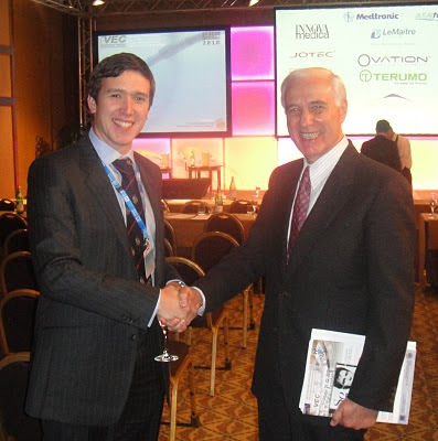 George Badham, the Whiteley Clinic venous research fellow summer 2010, being congratulated on his 3rd place prize at the IVEC in Milan by Professor Giorgio Biasi