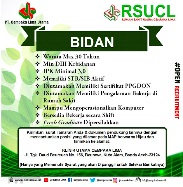 Lowongan Kerja Sebagai Bidan RSU Cempaka Lima Aceh Tahun 2020