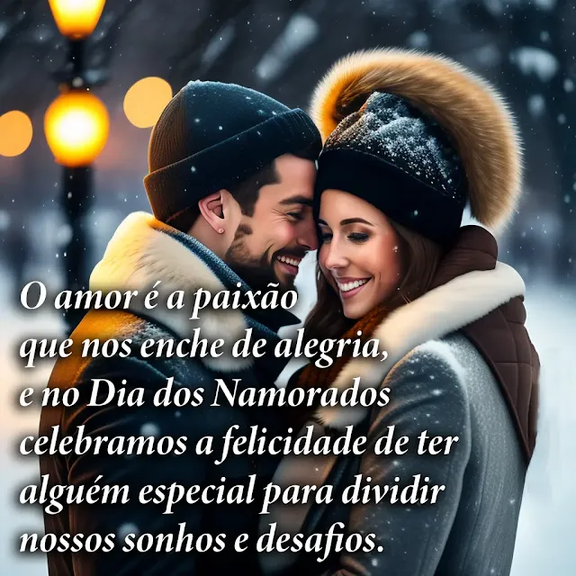 Mensagem especial para o dia dos namorados, Casal feliz, Cena romântica de inverno com neve caindo