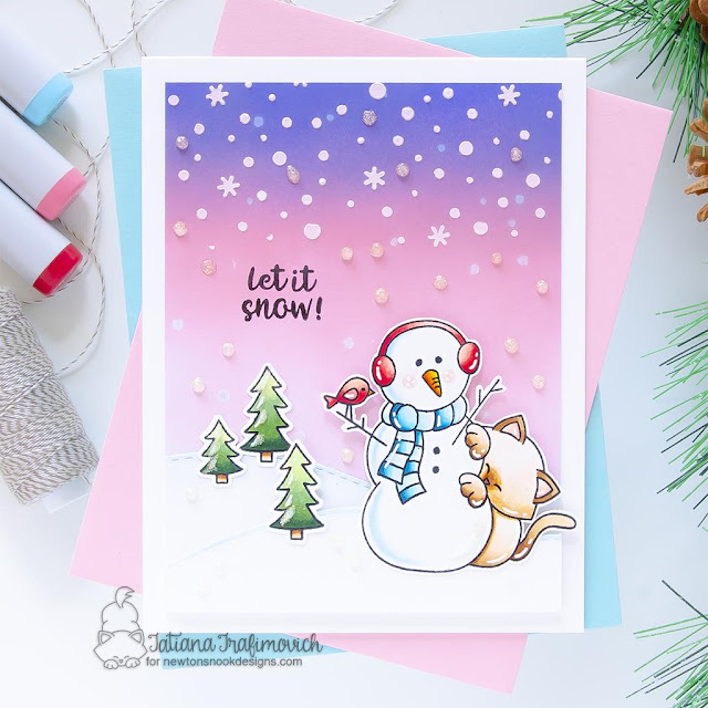 Let it Snow Card by Tatiana Trafimovich | Newton's Curious Christmas Stamp Set, Snow Globe Scenes Stamp Set, Petite Snow Stencil and Land Borders Die Set by Newton's Nook Designs #newtonsnook #handmade