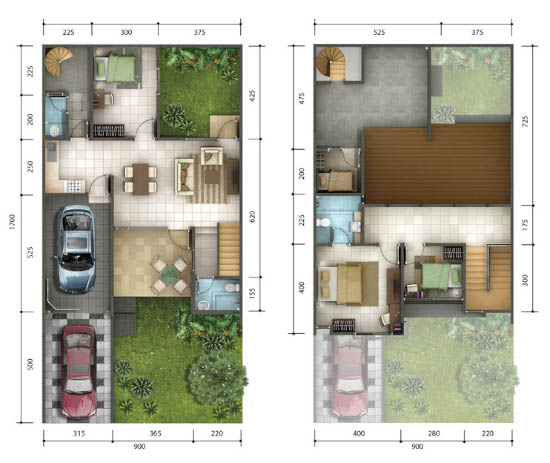 Denah rumah minimalis ukuran 9x17 meter 4 kamar tidur 2 lantai