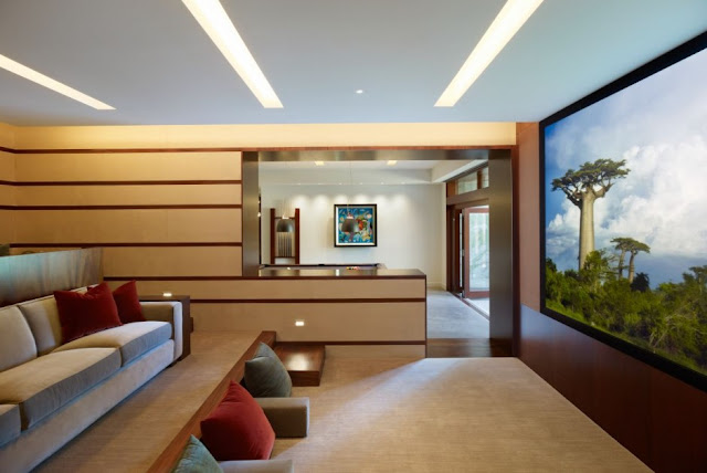 Home theater room in the Mandeville Canyon Residence