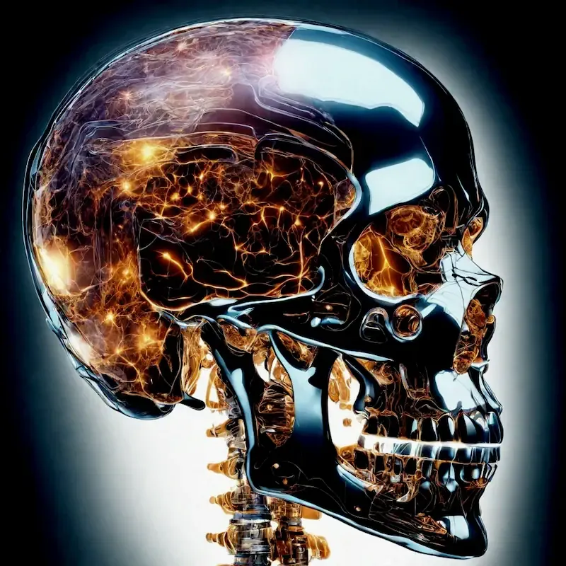 Witness the mesmerizing display of a transparent human skull, exposing the intricate brain and microscopic tumors, reminding us of our fragile and complex existence.