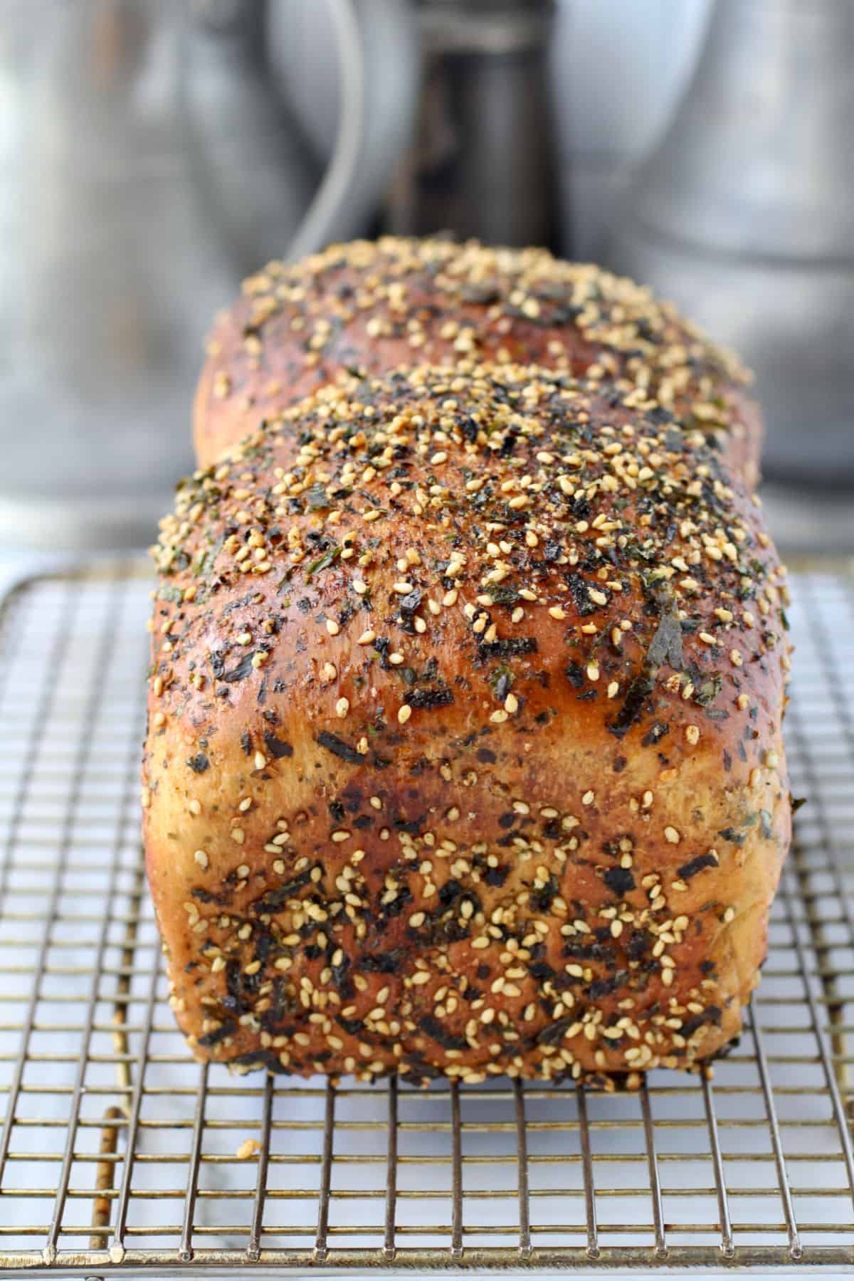 Japanese Milk Bread with Furikake on a cooling rack.