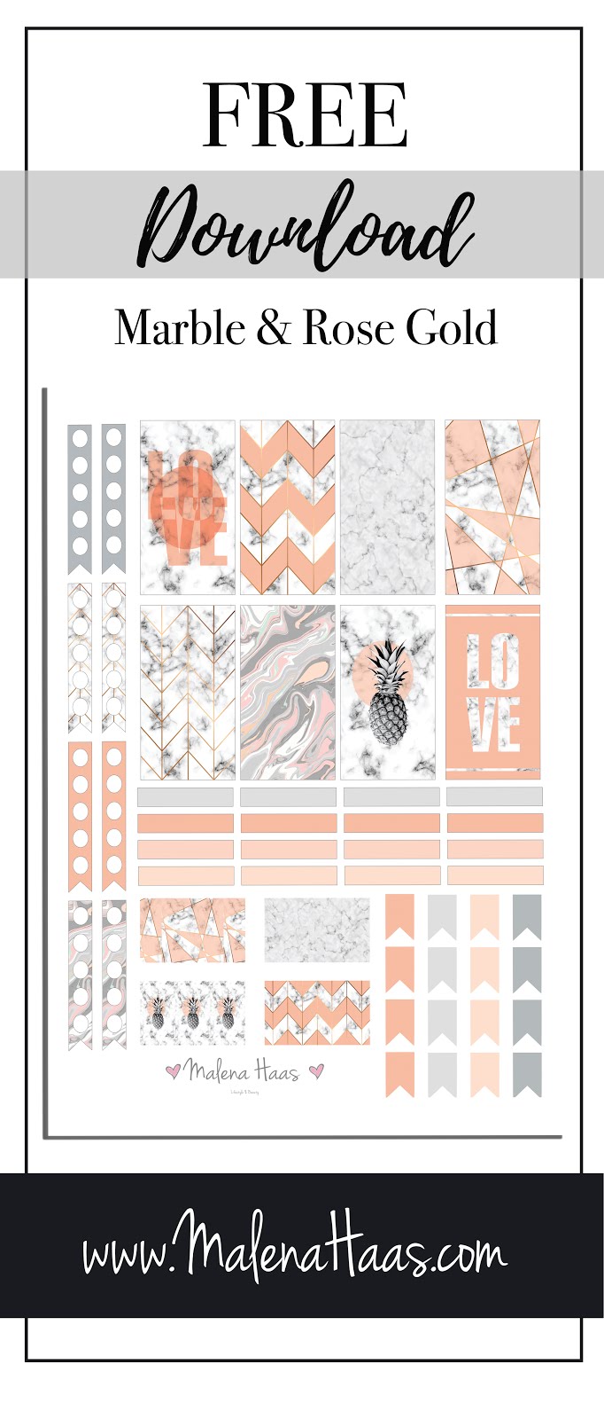 Free  Pink and Rose Gold Marble Themed Stickers for Planner - Printable Download at www.MalenaHaas.com