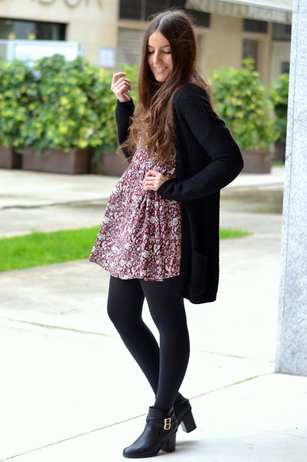 cardigan, dress, ankle boots