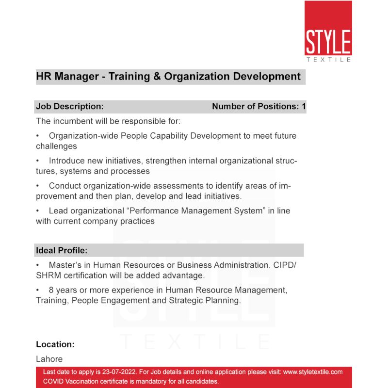 Style Textile Pvt Ltd Jobs For HR Manager