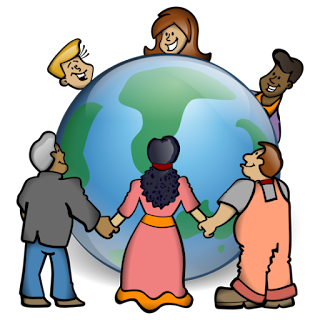 Group of six ethnically diverse cartoon characters holding hands around a globe