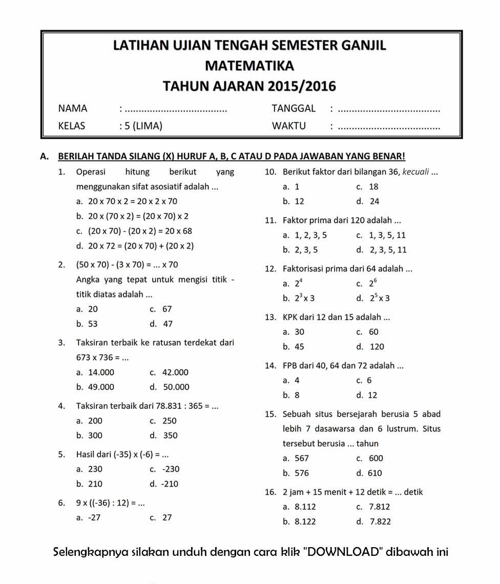 Download Soal UTS Ganjil Matematika Kelas 5 SD Semester 1  Tahun Ajaran 2015/2016 ~ Rief Awa 