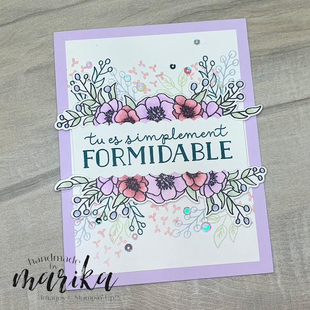 Cartes de souhait Stampin’ Up!®️ utilisant le lot S'épanouir et Grandir. Les fleurs sont coloriés avec Rococo Rose, Purple Posy, Soft Sea Foam et Seaside Spray. Tu es simplement formidable est le message inscrit sur le devant de la carte.