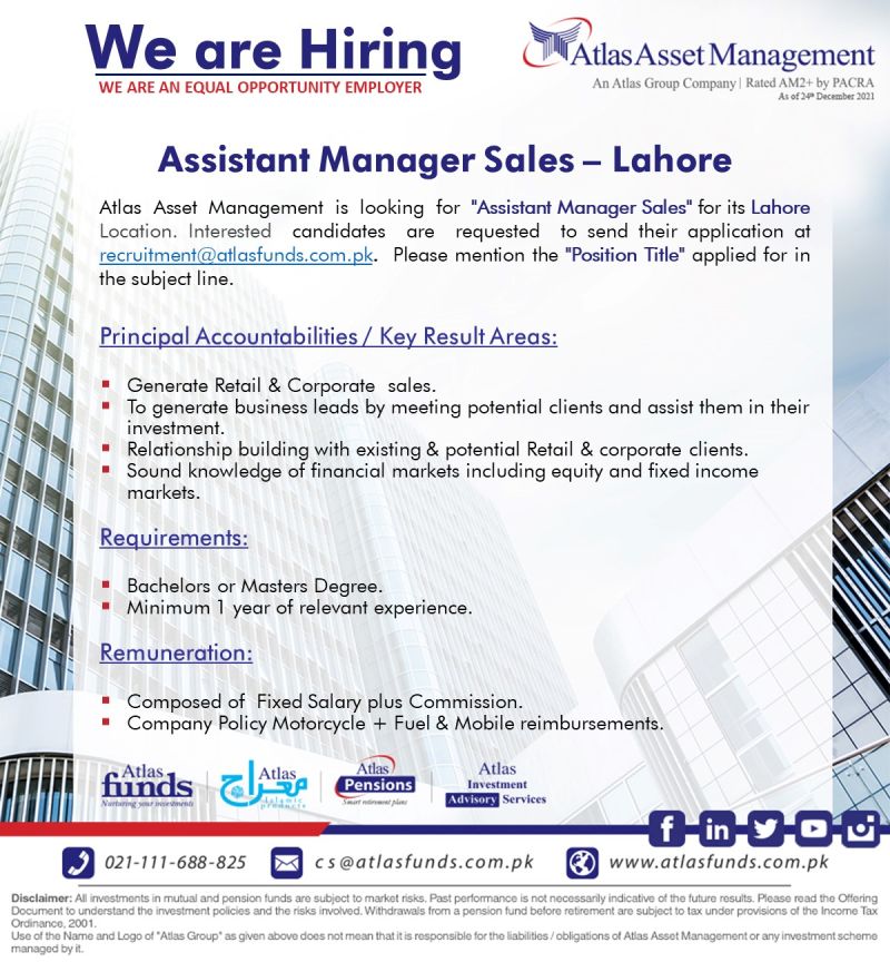 Atlas Asset Management Limited Jobs "Assistant Manager - Sales"