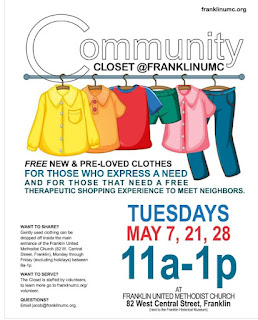 Community Closet @FranklinUMC Open on Tuesdays: May 21 & May 28