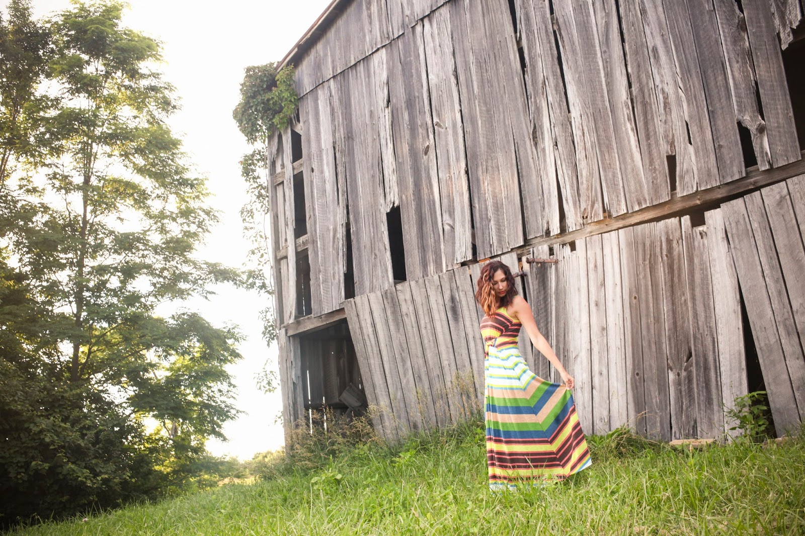 Amy West in Maxi Dress outside of old barn