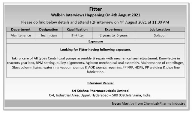 Sri Krishna Pharma | Walk-in interview for Maintenance on 4th Aug 2021