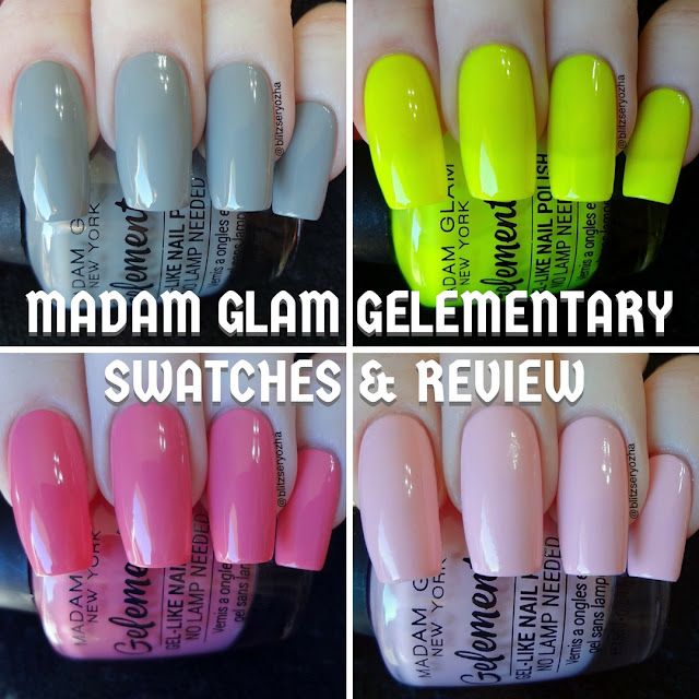 Collage of swatch photos of four Madam Glam Gelementary polishes