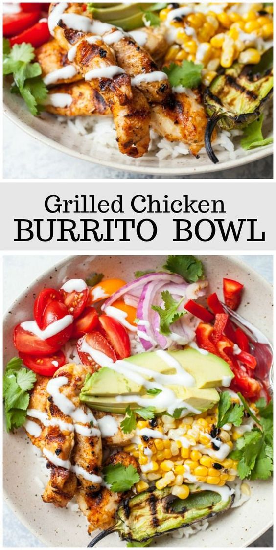 Grilled Chicken Burrito Bowls recipe from RecipeGirl.com #grilling #chicken #burrito #bowls #mexican #dinner #RecipeGirl via @recipegirl