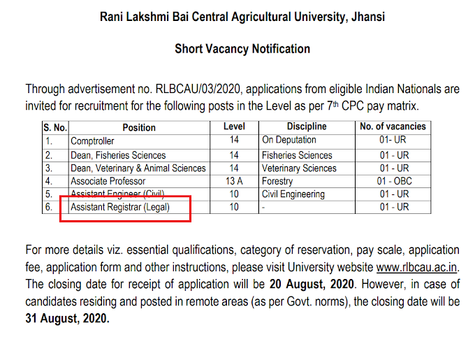 Assistant Registrar (Legal) at Rani Lakshmi Bai Central Agricultural University, Jhansi - last date 31/8/2020