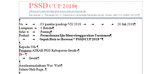 Contoh Surat Permohonan Ijin Menyelenggarakan Turnamen Sepak Bola Se Bawean Pagar Bawean