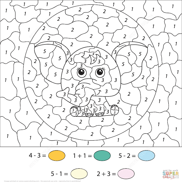 Subtration And Addition Cute Cartoon Elephant Color By Number From Color  By Number Worksheets
