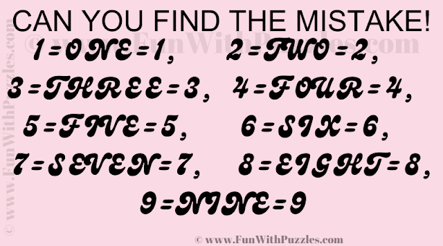CAN YOU FIND THE MISTAKE! 1=ONE=1, 2=TWO=2, 3=THREE=3, 4=FOUR=4, 5=FIVE=5, 6=SIX=6, 7=SEVEN=7, 8=EIGHT=8, 9=NINE=9