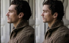 Comparison of a man with a sloping profile and robust facial features and a photoshopped version of himself with a vertical facial profile and light facial features. David Gandy, British model.