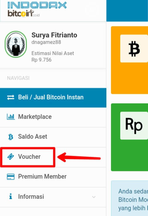 Klik menu navigasi di pojok kiri atas kemudian pilih "Voucher".